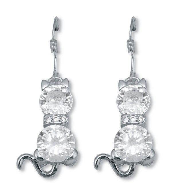 Round Crystal Silvertone Cat Earrings, WHITE, hi-res image number 0
