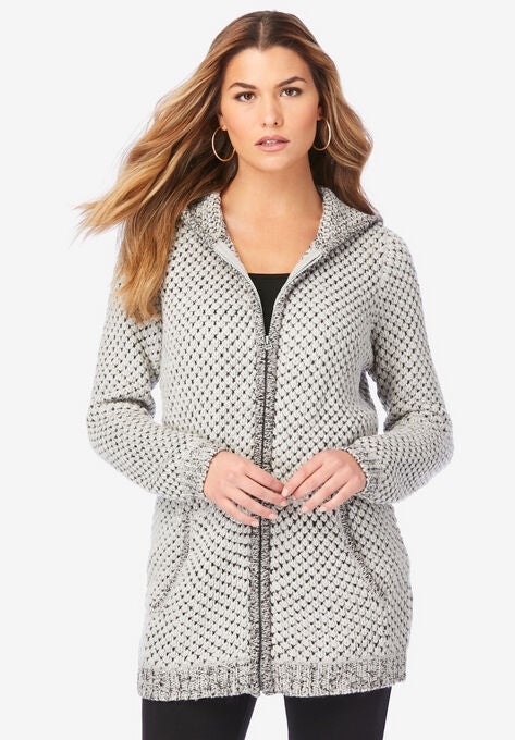 Tweed Thermal Hoodie Cardigan, HEATHER GREY BLACK, hi-res image number null