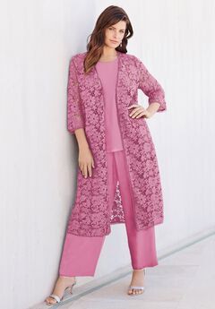 Plus Size 3-Piece Allover Lace Duster Pant Set – Formal Wear
