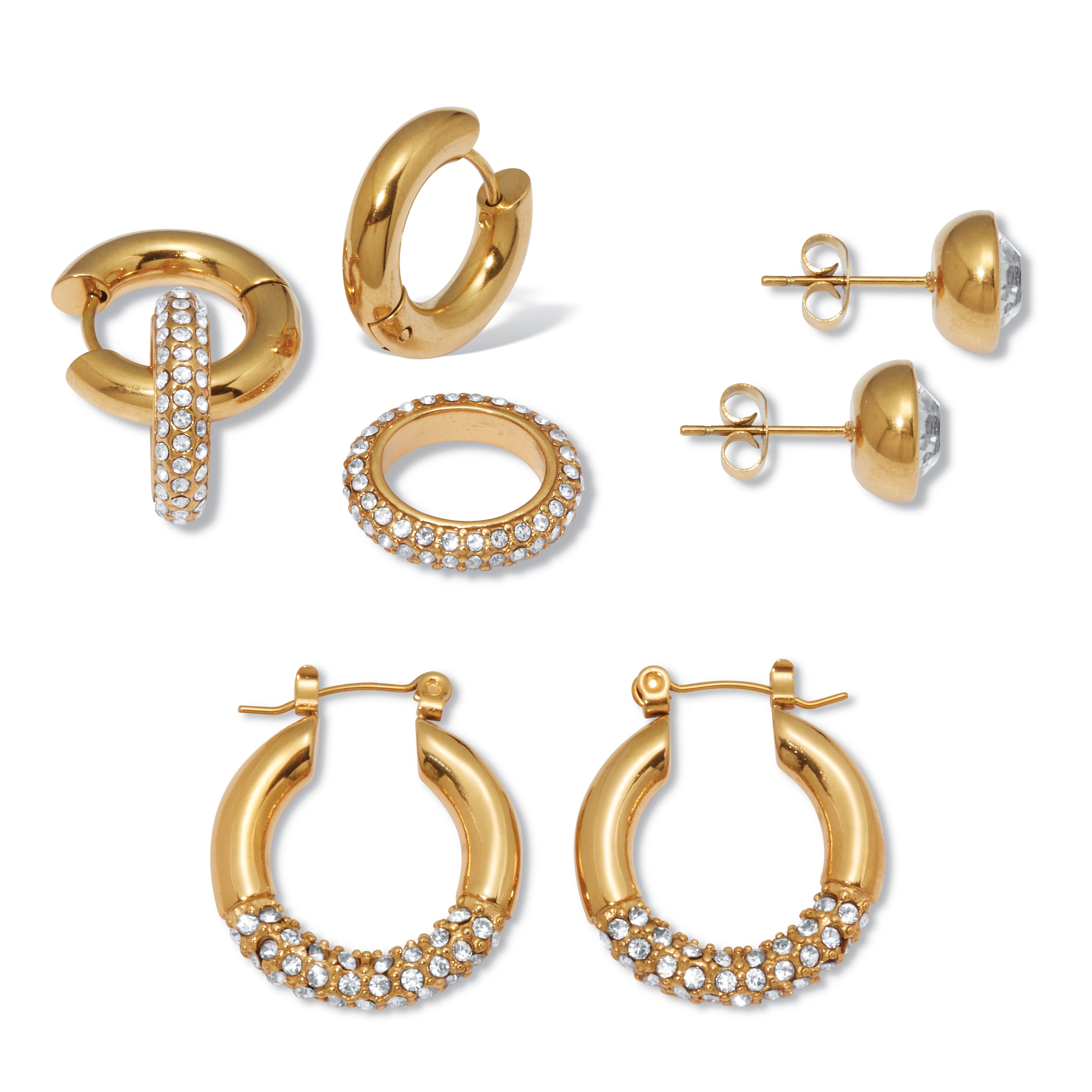 Round Crystal Yellow Gold Ion-Plated Stainless Steel Earrings, 3-Pair Set, WHITE, on-hover image number 1