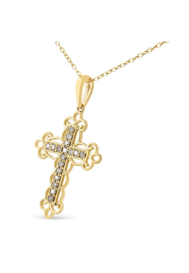 Yellow Flashed Sterling Silver Champagne Diamond Filigree Cross Pendant Necklace, , on-hover image number 1