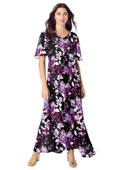 Plus Size Hand Crinkled Flutter-Sleeve Maxi Dress