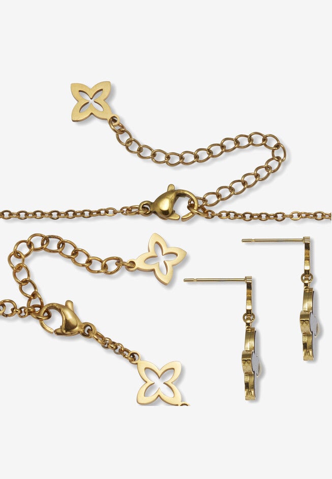 Genuine Black Mother Of Pearl Gold Ion-Plated Stainless Steel Clover Jewelry Set, , on-hover image number null