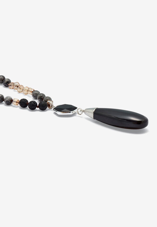 Genuine Black Agate Silvertone Drop Necklace, 32-Inch Length, , on-hover image number null