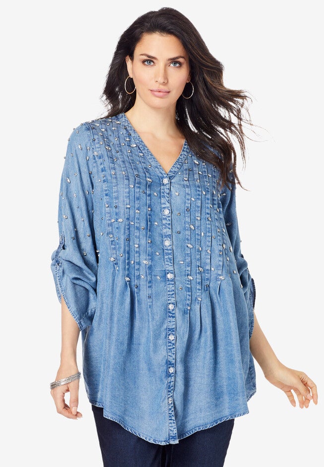 Glam-Embellished Big Shirt, MEDIUM STONEWASH, hi-res image number 0