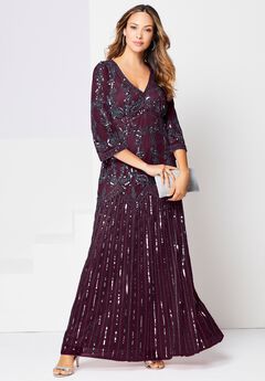 Plus Size Beaded V-Neck 3/4 Sleeve Sleeve Maxi Gown