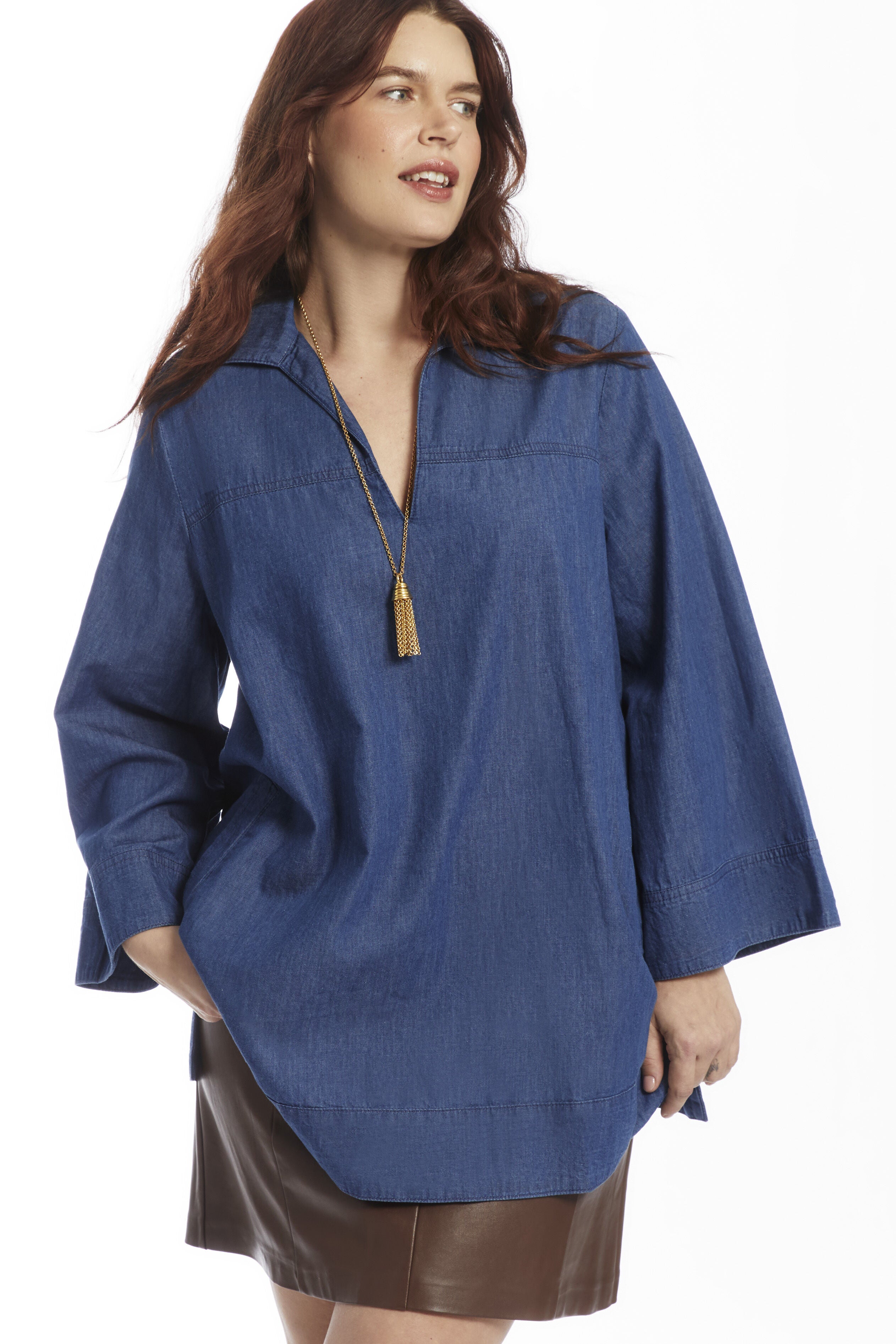 Cotton Denim Blouse, MEDIUM WASH, on-hover image number 1