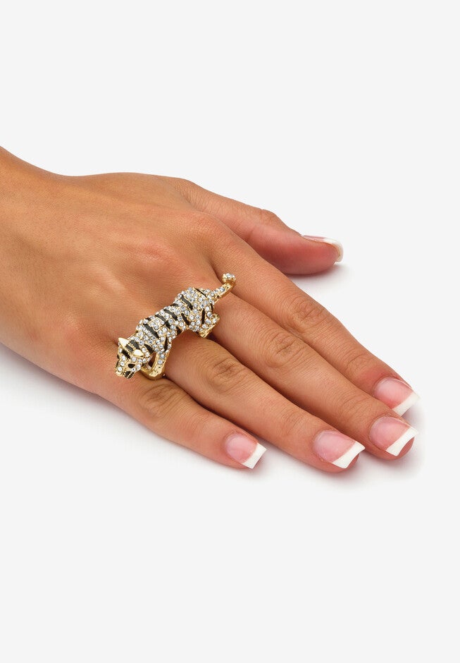 Gold Tone Black Crystal Stretch Tiger Ring Jewelry, , alternate image number null