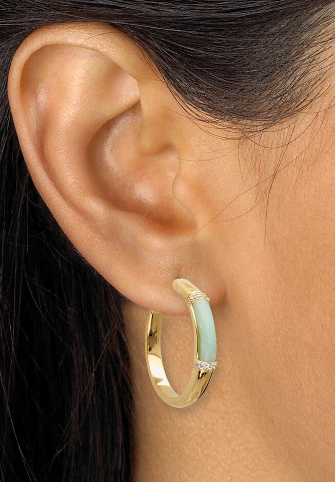 .18 Tcw Cz Cabochon Cut Genuine Green Jade 18K Yellow Gold-Plated Hoop Earrings, , alternate image number null