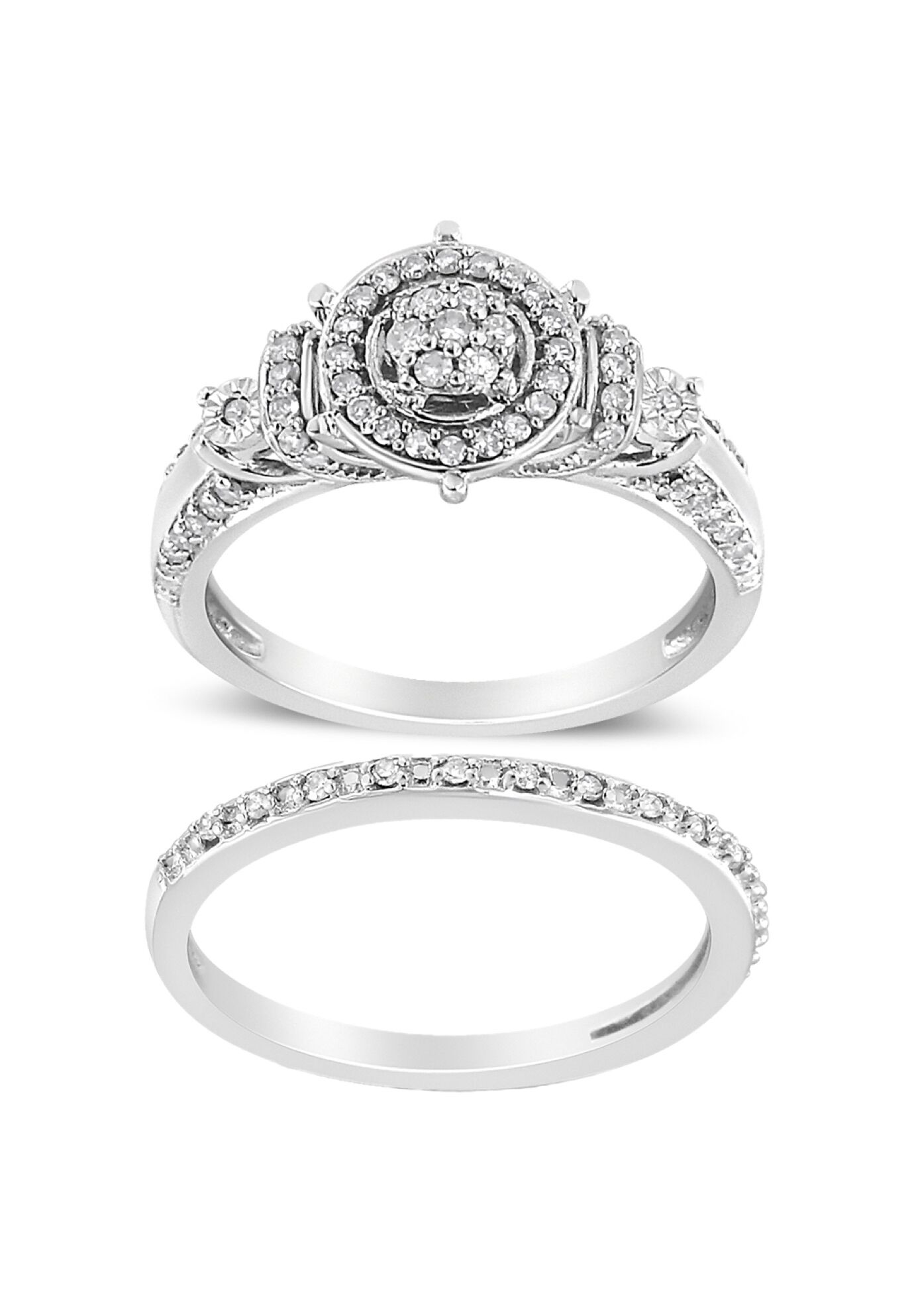 Silver 1/3 Cttw Diamond 7 Stone Cluster And Halo Engagement Set, SILVER, hi-res image number 0