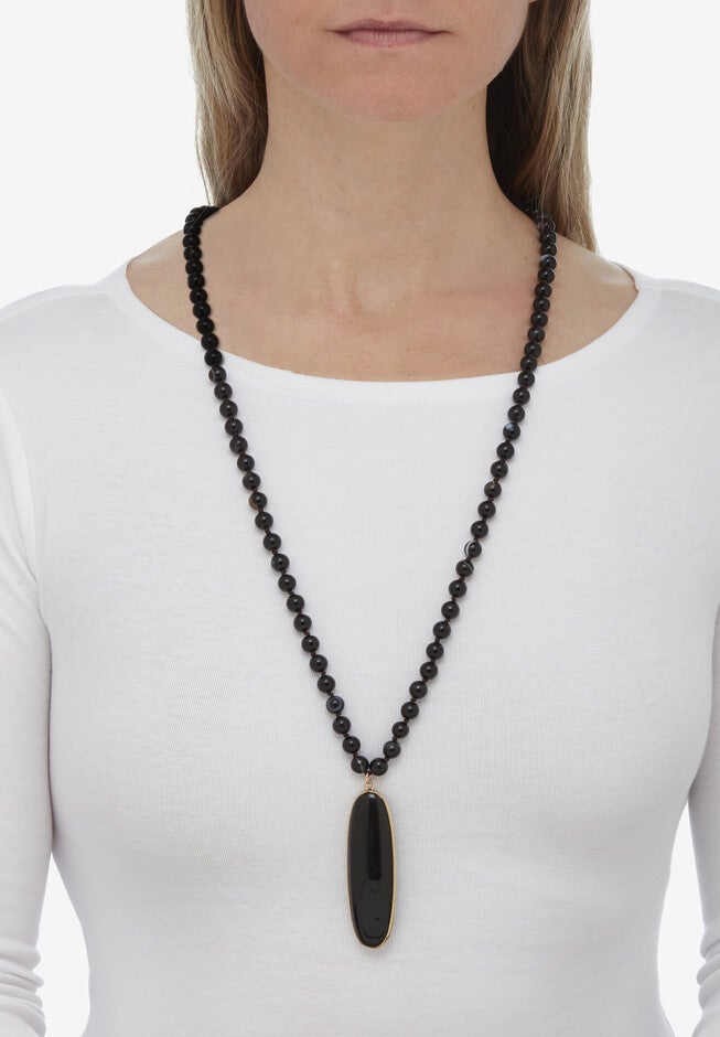 Genuine Black Agate Goldtone Bezel Set Oval Cabochon Beaded Necklace 34 Inch, , alternate image number 2