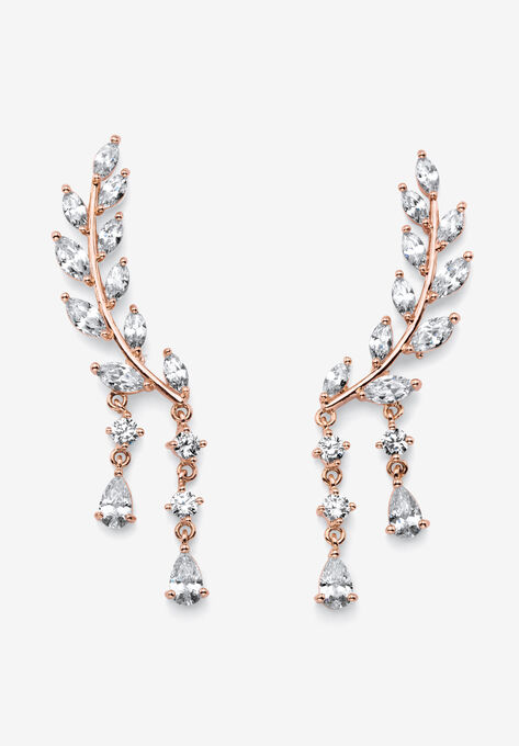 Rose Gold Plated Laurel Leaf Climber Drop Earrings (43x8mm) Marquise Cut Crystal, ROSE GOLD, hi-res image number null
