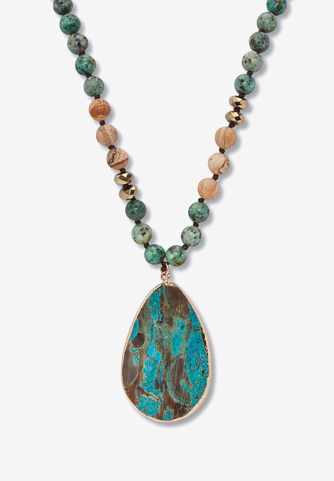 Genuine Multicolor Jasper Beaded Goldtone Bezel Set Pendant Necklace 36 Inch, BLUE, hi-res image number 0
