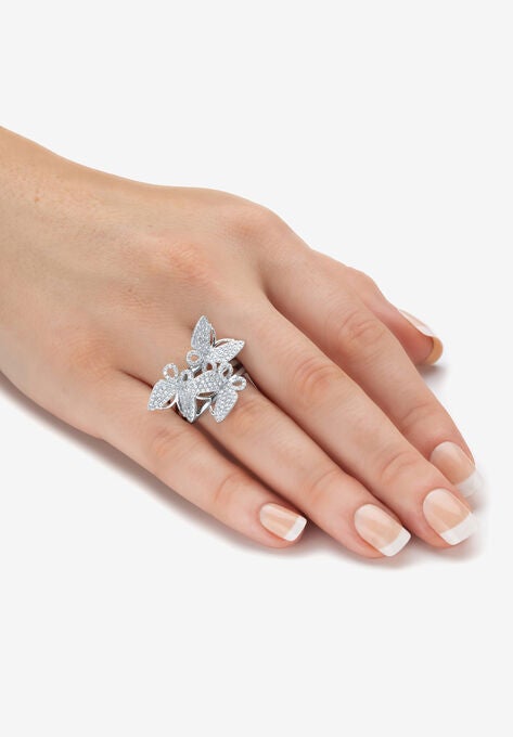 Silvertone Round Pave' Cubic Zirconia Butterfly Ring, , alternate image number null