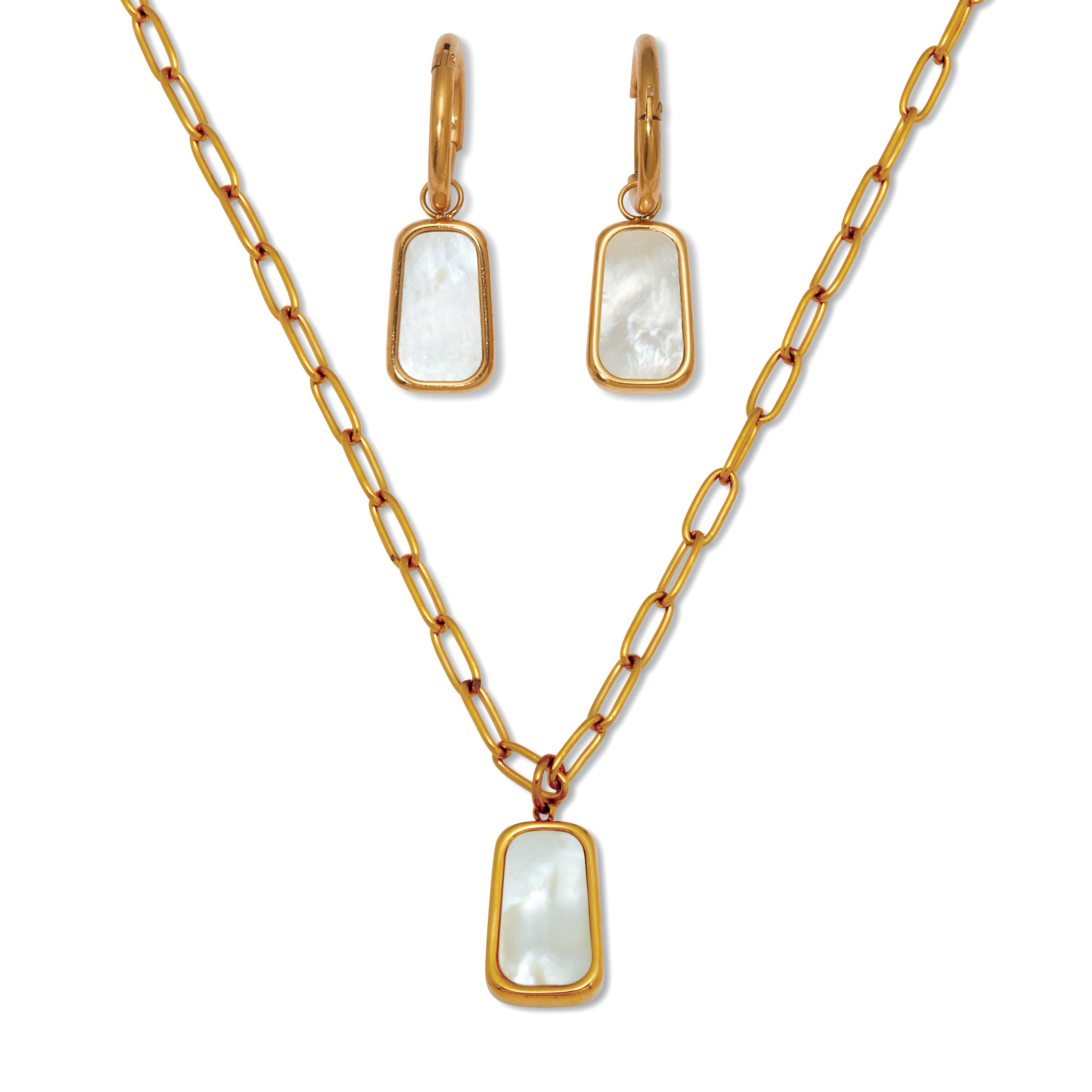 Genuine Mother of Pearl Yellow Gold Ion-Plated Stainless Steel Drop Jewelry Set, WHITE, hi-res image number 0