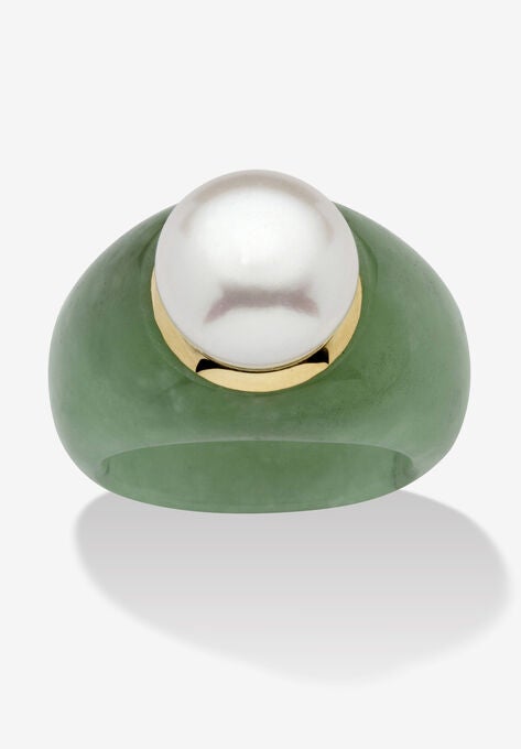10K Gold Genuine Cultured Freshwater Pearl And Green Jade Ring Jewelry, PEARL JADE, hi-res image number null