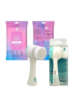 Radiant Beauty Bundle: Dual Sided Facial Cleansing Brush & Makeup Removal Wipes (12 Packs of 60=720