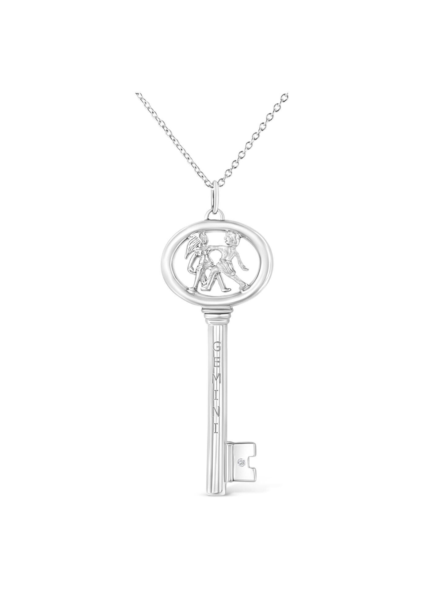Sterling Silver Diamond Accent Gemini Zodiac Key Pendant Necklace, WHITE, hi-res image number 0