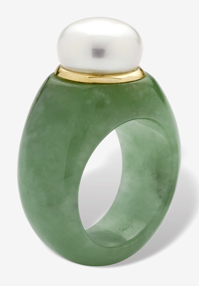 10K Gold Genuine Cultured Freshwater Pearl And Green Jade Ring Jewelry, , on-hover image number 1