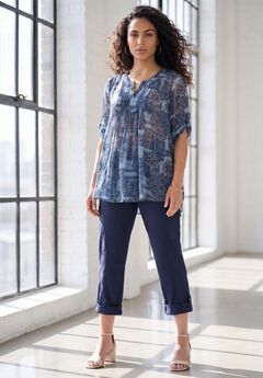 Plus Size Tara Pleated Shirt – Adjustable 3/4 Sleeve Swing Tunic with Notch Collar