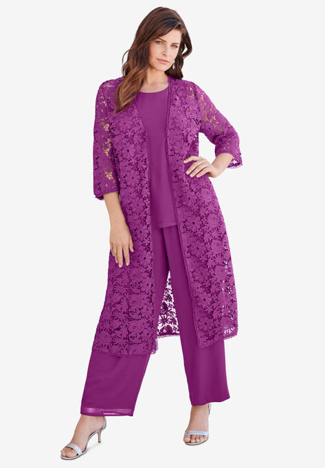 Three-Piece Lace Duster & Pant Suit, PURPLE MAGENTA, hi-res image number null
