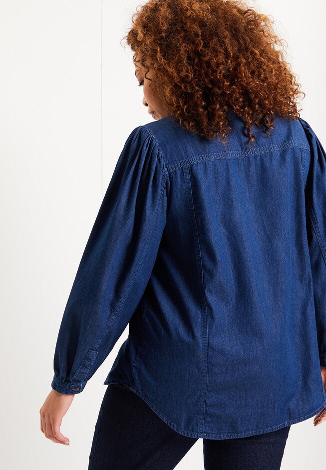Blouson-Sleeve Chambray Top, , on-hover image number 1
