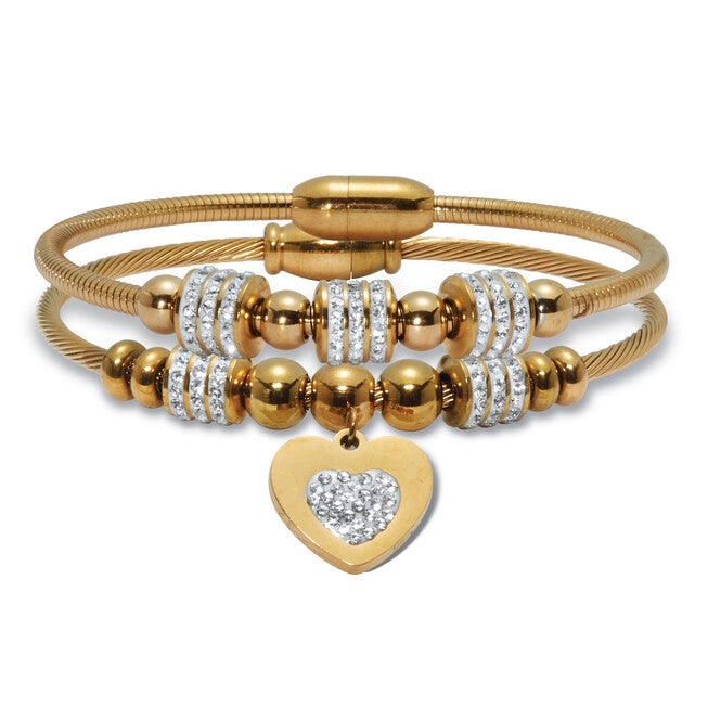 Round Crystal Gold Ion-Plated Stainless Steel Heart Charm Bracelet Set 7-inch, WHITE, hi-res image number null