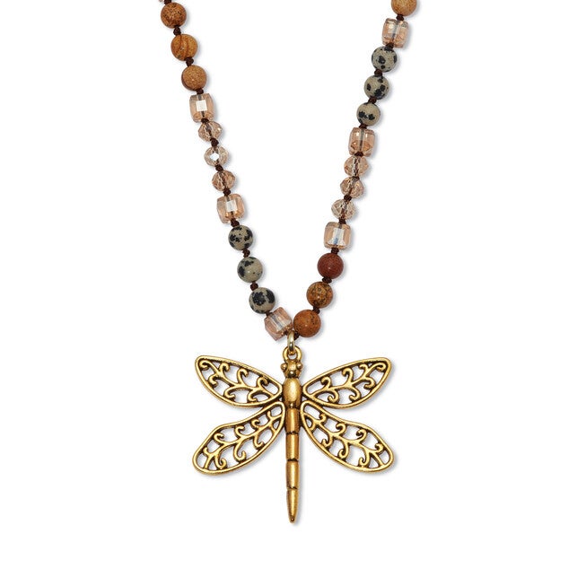 Round Genuine Jasper Goldtone Dragonfly Pendant Necklace 34-inch, BROWN, hi-res image number null