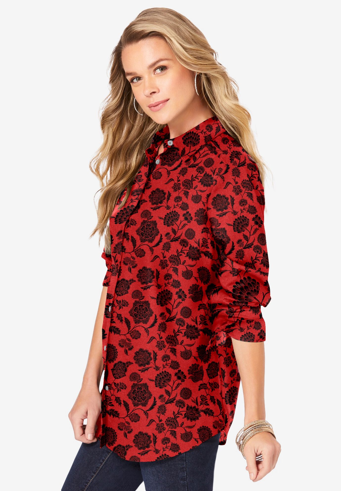 Plus Size Kate Long Sleeve Easy Cotton-Blend Button-Front Shirt, VIVID RED FLORAL, alternate image number 3