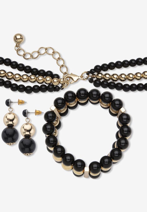 3-Piece Set Bib Necklace (43Mm), Round Simulated Beads, 16.5 Inches Plus 3" Ext, , on-hover image number null