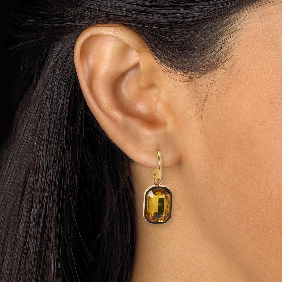 Emerald Cut Crystal Yellow Gold Ion-Plated Stainless Steel Huggie Earrings Set, BLACK, alternate image number 2