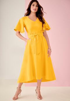 Plus Size Flutter Sleeve V-Neck Fit and Flare Bi-stretch Maxi Dress
