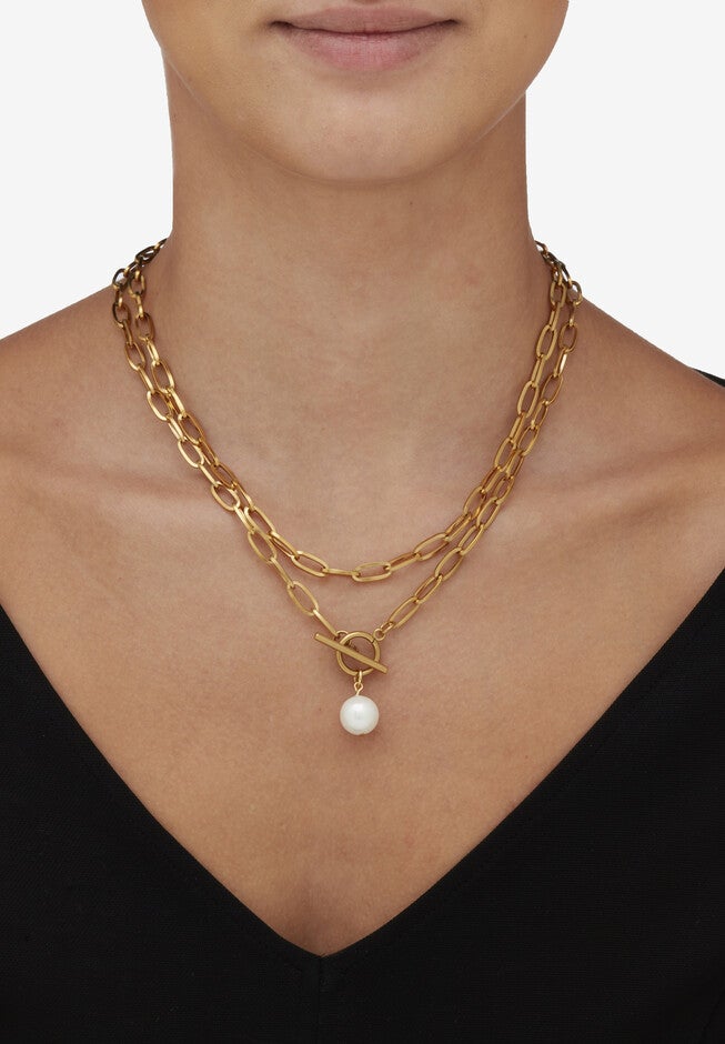 Simulated Pearl Gold Ion-Plated Stainless Steel Paperclip Necklace Set 18 Inch, , alternate image number 2