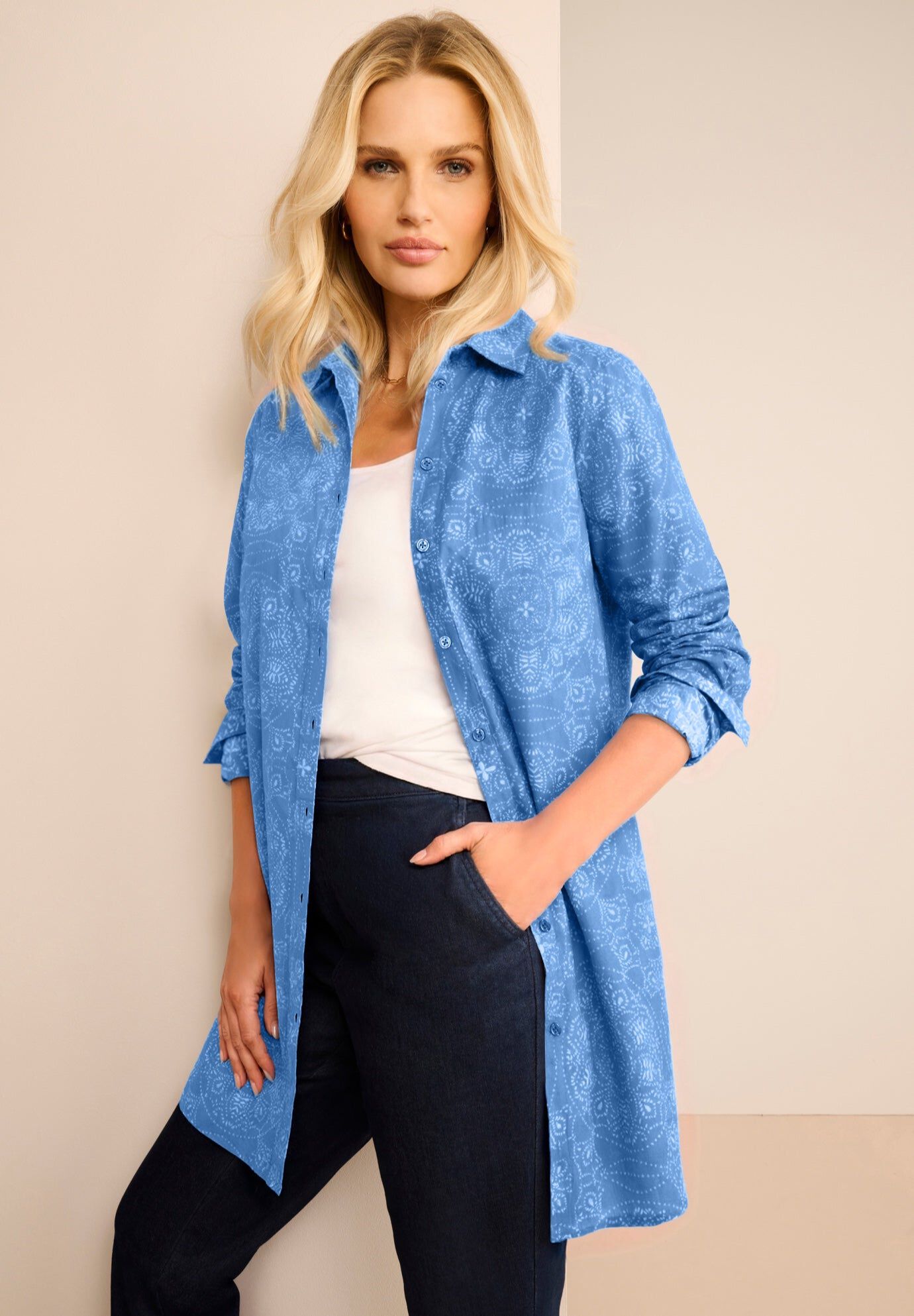 Kate Long-Sleeve Crisp Cotton-Blend Button-Front Tunic, BLUE DOT MEDALLION, hi-res image number 0