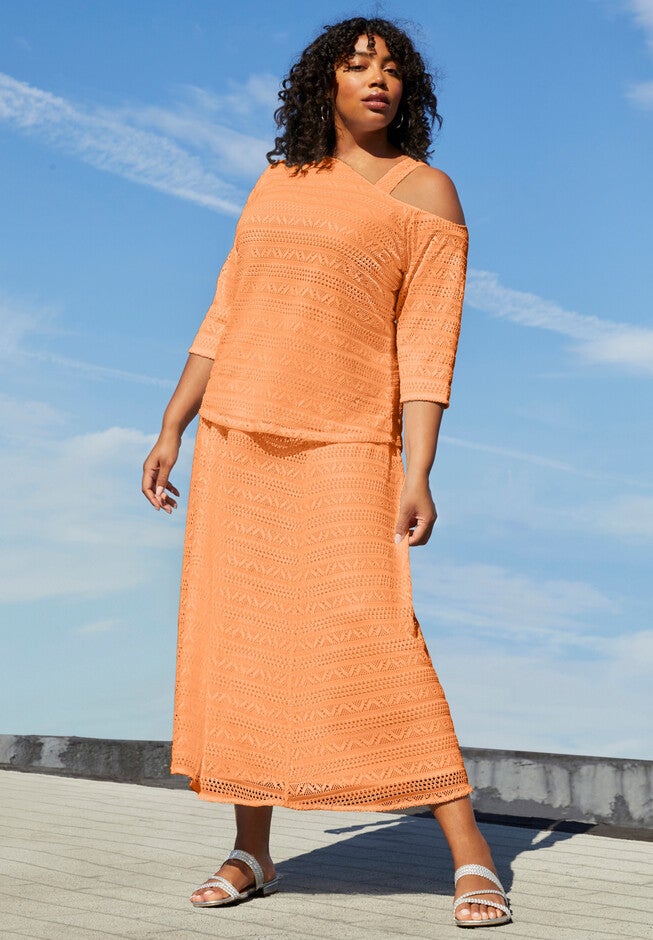 Cold Shoulder Lace Top, ORANGE MELON, hi-res image number null