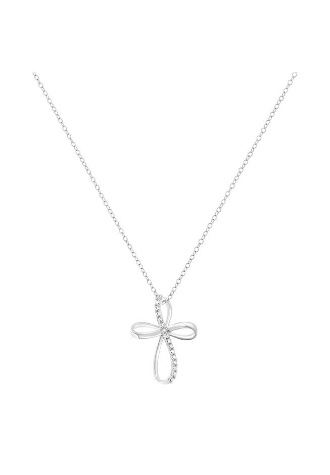 Sterling Silver Diamond Accent Cross Ribbon Pendant Necklace, , on-hover image number 1