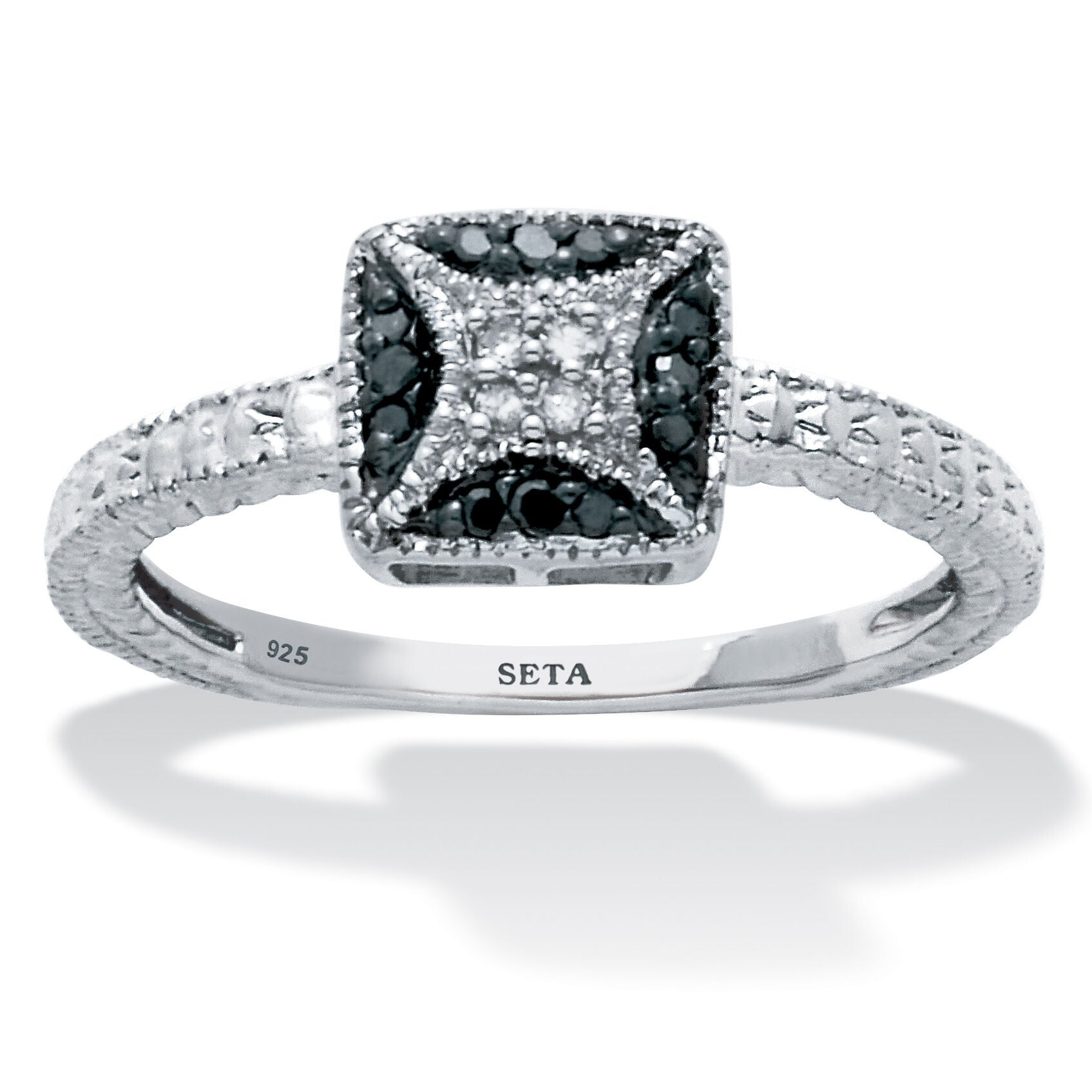 .10 TCW Black and White Diamond Sterling Silver Square Ring, WHITE, hi-res image number 0