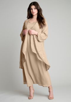 Plus-Size 2 piece Long Sleeve Beaded Georgette Gown Set with Detachable Jacket