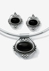 Silver Tone Antiqued Pendant Oval Shaped Black Onyx with 16 inch Chain, SILVER, hi-res image number null