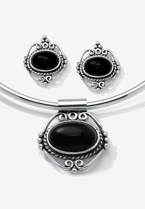 Silver Tone Antiqued Pendant Oval Shaped Black Onyx with 16 inch Chain, SILVER, hi-res image number null