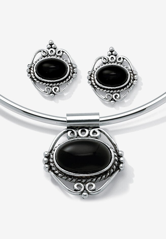 Silver Tone Antiqued Pendant Oval Shaped Black Onyx with 16 inch Chain, SILVER, hi-res image number 0