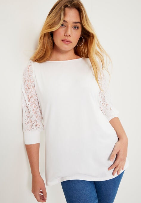 Lace-Trim Boatneck Top, WHITE, hi-res image number null