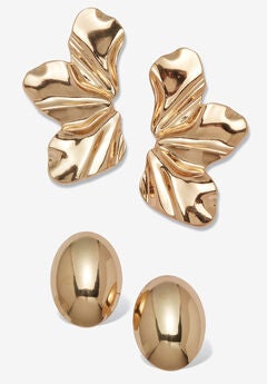 Goldtone Sculptural Floral Drop Earrings And Dome Earrings Set