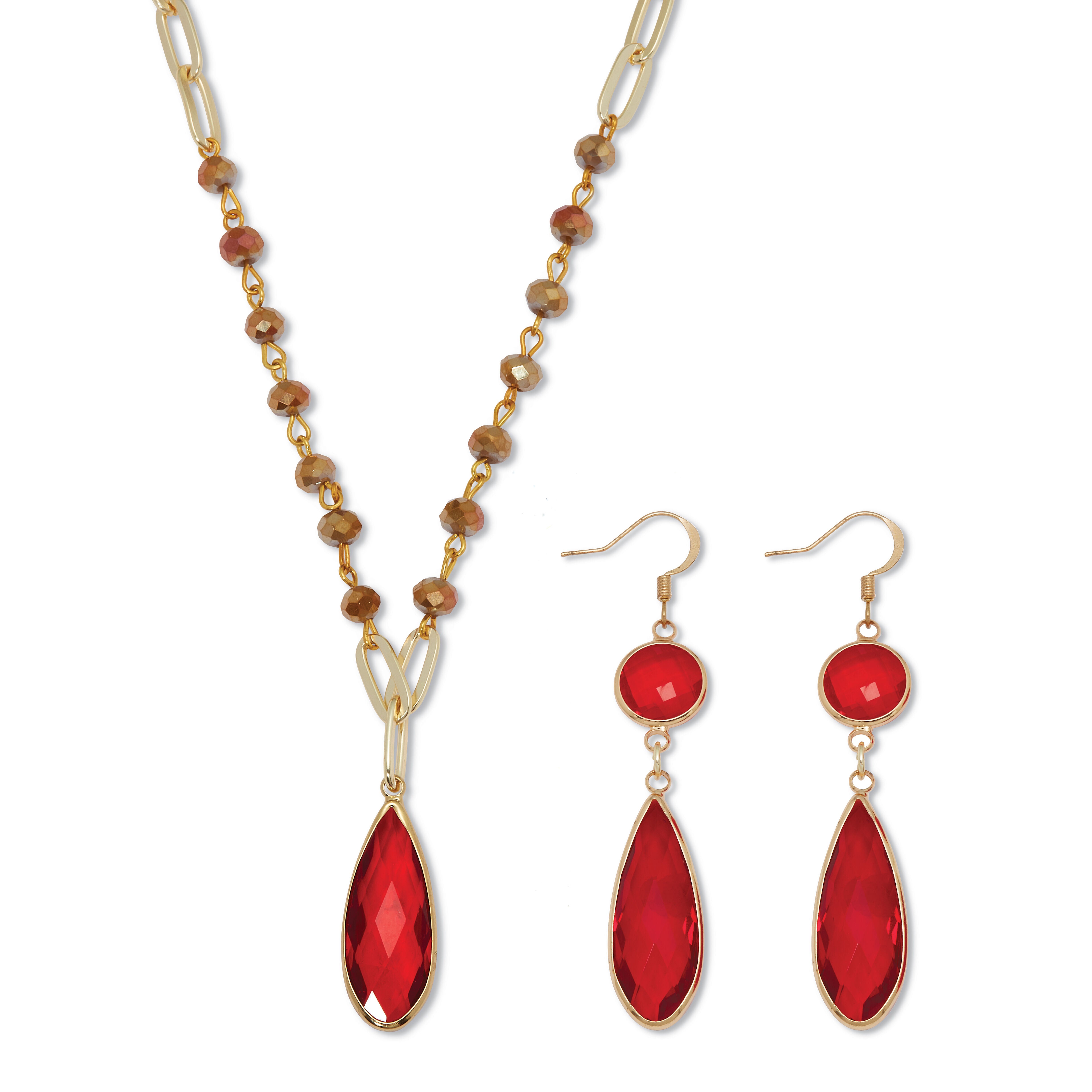 Red Crystal Goldtone Vintage-Inspired Necklace and Earring Set, RED, hi-res image number 0