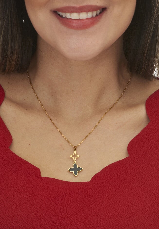 Genuine Black Mother Of Pearl Gold Ion-Plated Stainless Steel Clover Jewelry Set, , alternate image number null