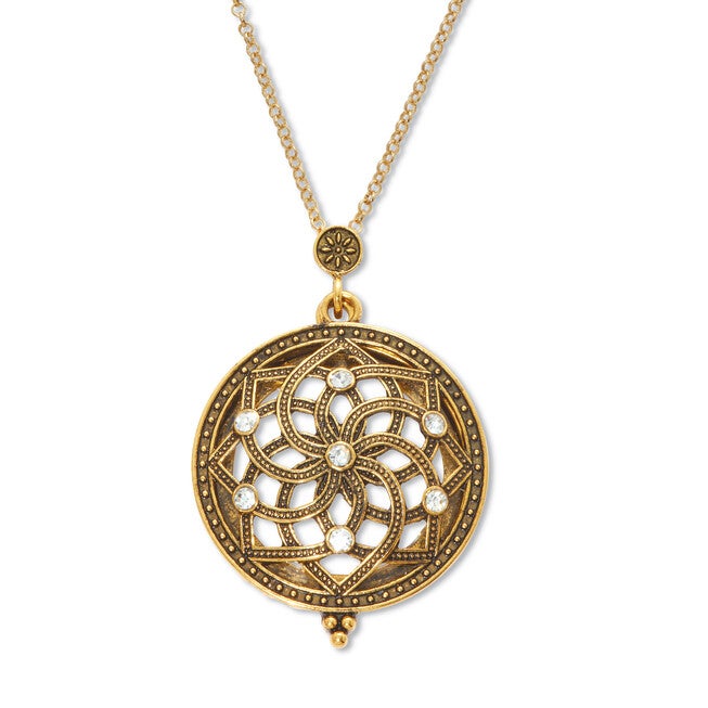 Mandala Flower Magnifying Glass Goldtone Pendant Necklace 23 inches, WHITE, alternate image number 3