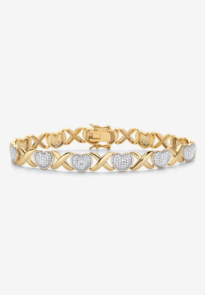 Yellow Gold-Plated Hearts And Kisses Bracelet, Diamond Accent 7.5 Inches, DIAMOND, hi-res image number null