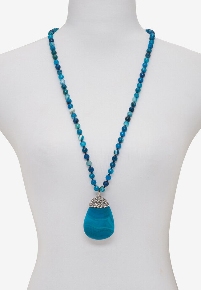Round Genuine Blue Agate Crystal Accented Silvertone Drop Necklace 34 Inch, , alternate image number null