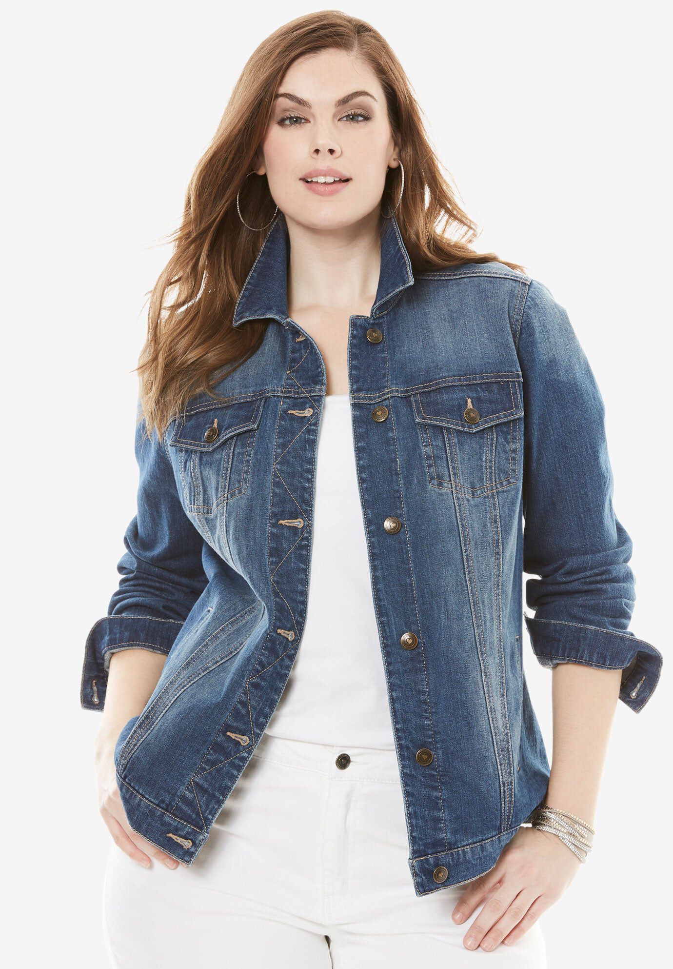 Plus Size Classic Stretch Denim Jacket, MEDIUM WASH, hi-res image number 0