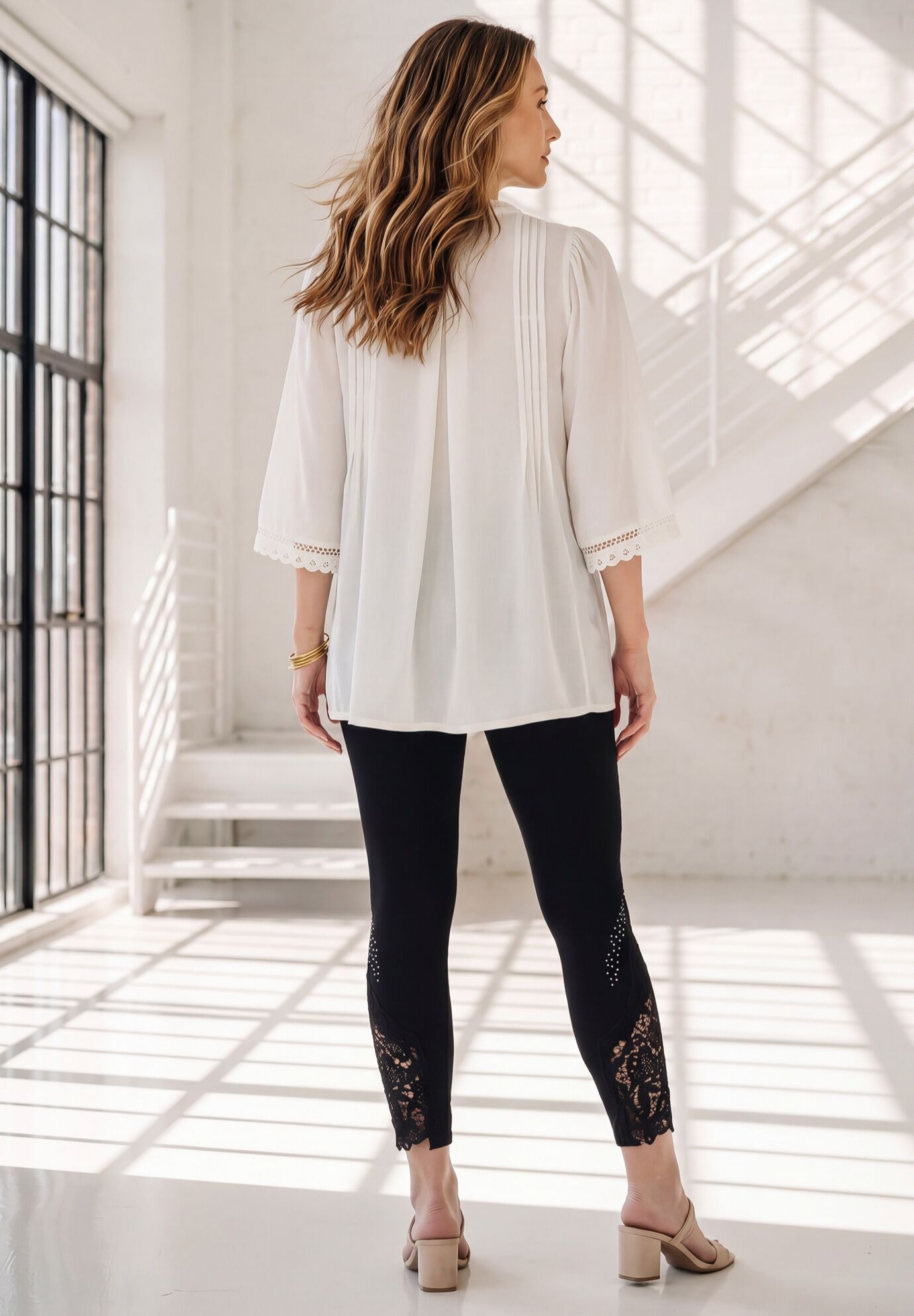 Plus Size Juliet Lace Trim Button-Down Shirt, WHITE, alternate image number 2